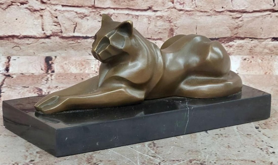 Cubist Cat' Modernist Bronze Sculpture by Milo - 5" x 10": 'Cubist Cat' Modernist Bronze Sculpture by Milo - 5" x 10" This signed original bronze sculpture by Miguel Lopez, also known as Milo, features a modernist cat in a striking cubist and abstract