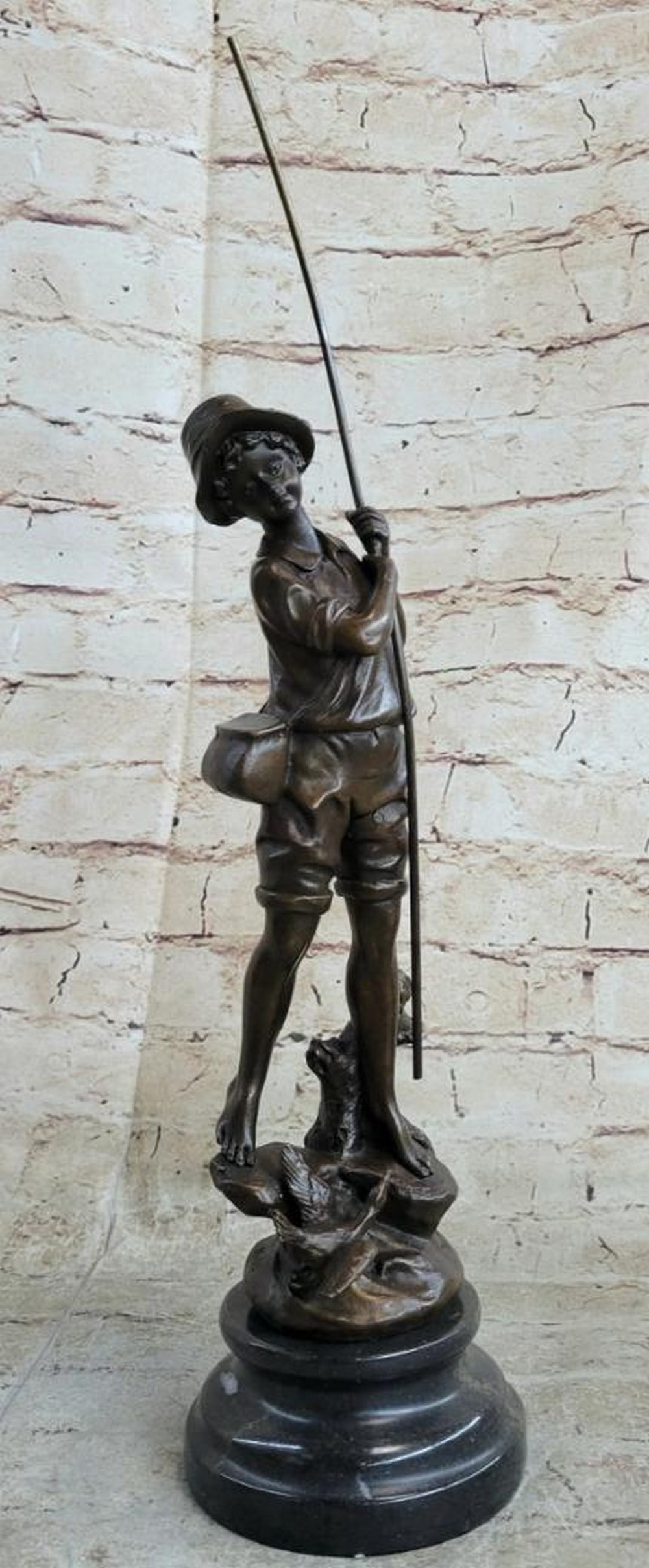 Boy Fishing with Duck" Signed Original Bronze Sculpture by Milo - 14" x 4: "Boy Fishing with Duck" Signed Original Bronze Sculpture by Milo - 14" x 4" This original bronze sculpture by Milo depicts a young boy fishing with a simple stick beside a small duck, 