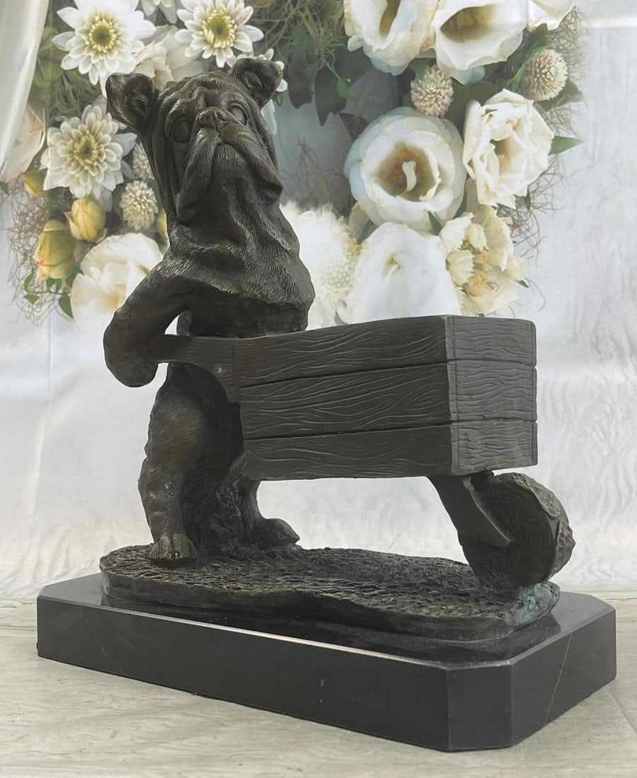 Signed Original English Bulldog Pushing Wheelbarrow Bronze Planter Dish Sculpture - 12" x 12" (1 of 7)
