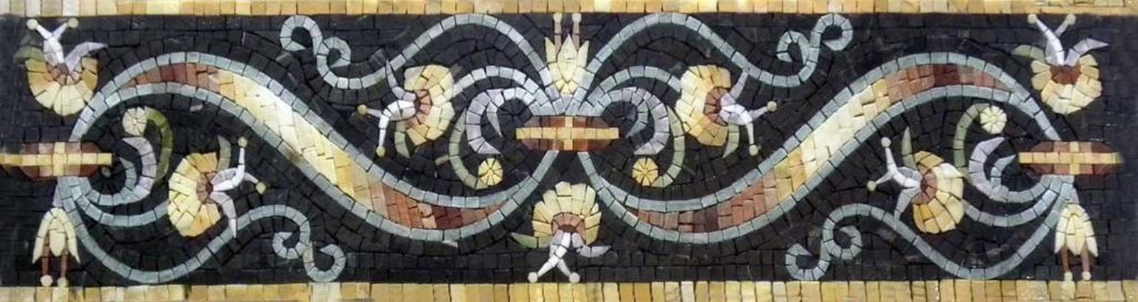 Majestic Gold Mosaic Border: Majestic Gold Mosaic Border A handcrafted rectangular mosaic made from natural marble stones. This design features a shimmering gold border pattern, mounted on a mesh backing, suitable for walls, floo