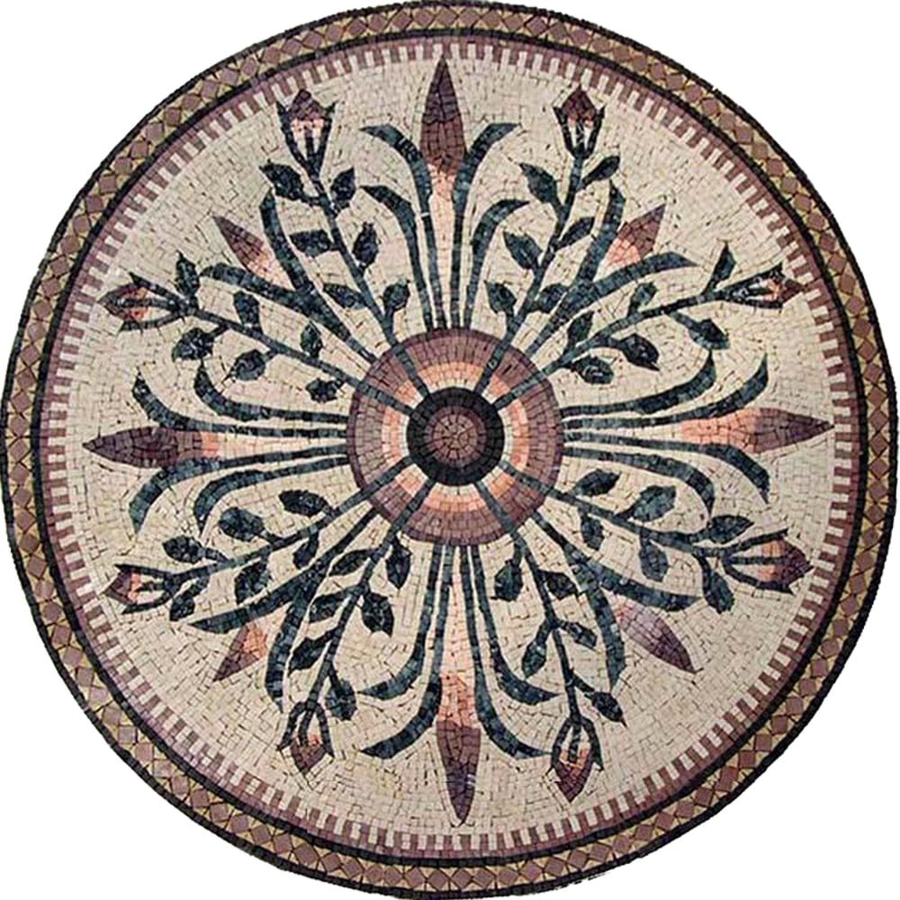 Floral Garden Mosaic - Ada: Floral Garden Mosaic - Ada A handcrafted square mosaic made from natural marble. This design features tri-colored blossoms with verdant leaves growing from a central garden. Suitable for walls,