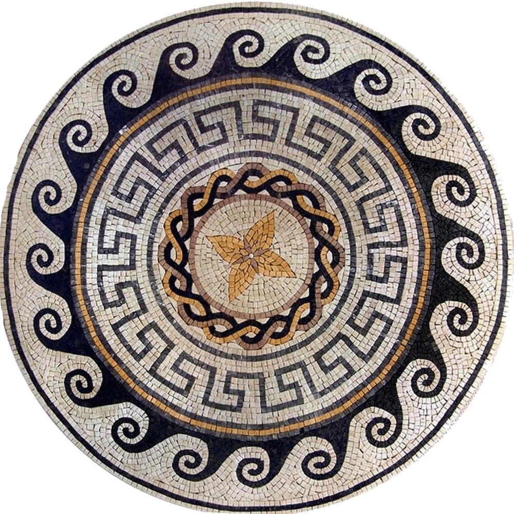 Greco-Roman Medallion Mosaic - Athena II: Greco-Roman Medallion Mosaic - Athena II A handcrafted square mosaic made from natural marble. This design features a central golden flower, a Roman guilloche braid, and a black-and-white Greek key