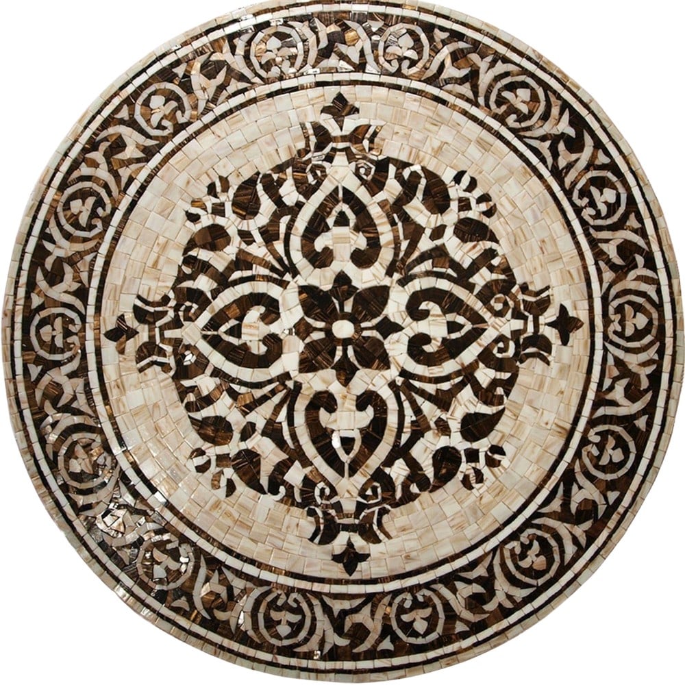 Vibrant Geometric Glass Mosaic Medallion: Vibrant Geometric Glass Mosaic Medallion A handcrafted square mosaic made from glass. This design features a dynamic and vibrant medallion pattern, combining bold colors and intricate geometric