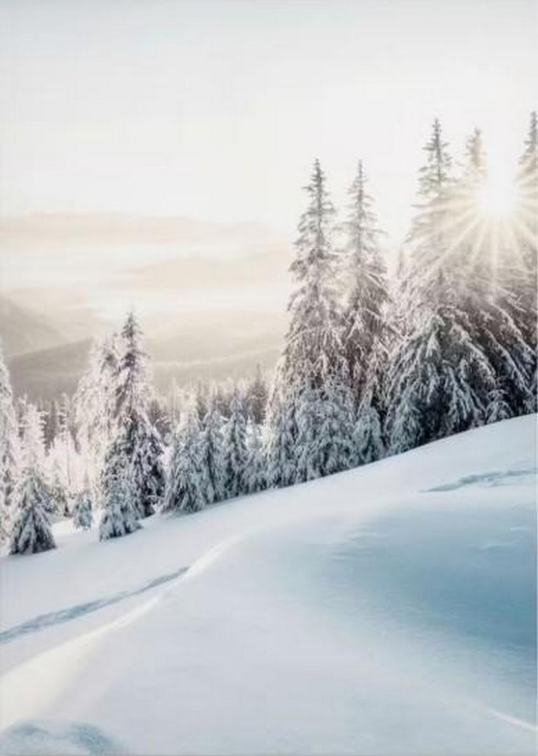 Winter Morning Glow Canvas Print: Winter Morning Glow Canvas Print An artwork showing a winter sunrise over snow-covered hills, with sunlight reflecting across the landscape and soft layers of blue and white in the distance. The work