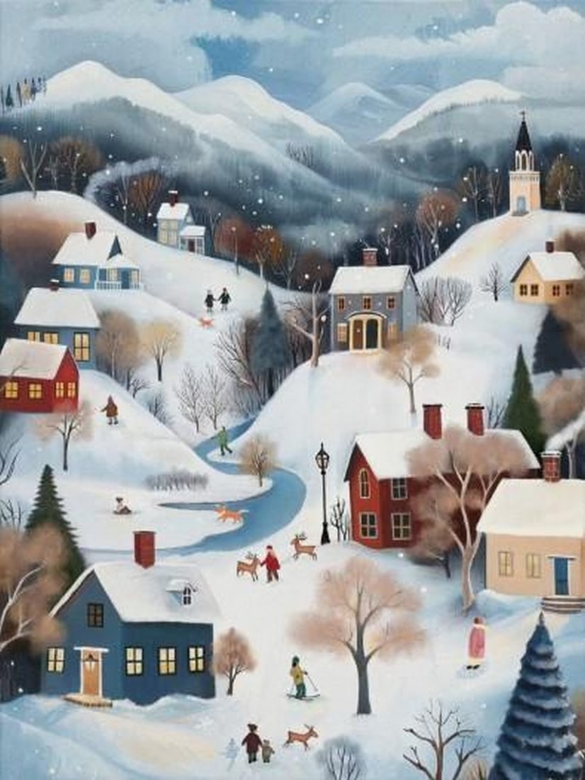 Cozy Winter Village Canvas Print: Cozy Winter Village Canvas Print An artwork showing a snowy village scene with a bright blue sky, white snow, and cozy houses with glowing windows. The composition captures the peaceful charm of a