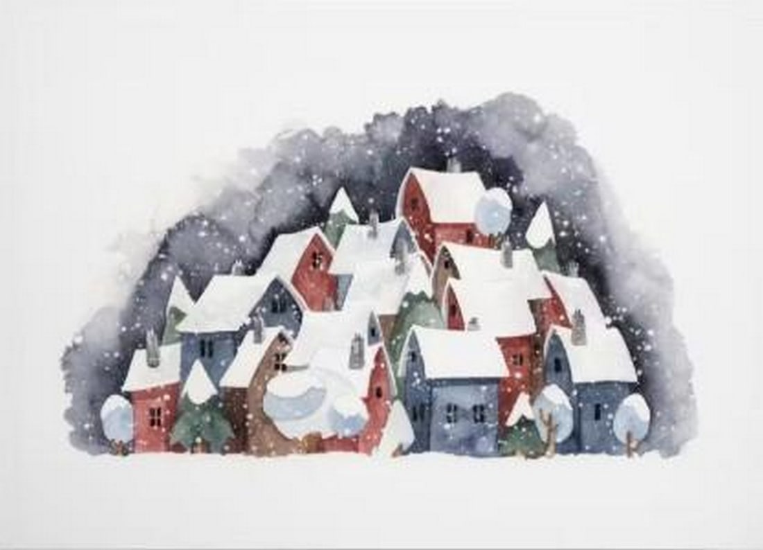 Charming Snowy Town Canvas Print: Charming Snowy Town Canvas Print An artwork showing a snowy town with houses in red, blue, and grey, their roofs covered in snow. The composition captures a cozy winter scene in soft watercolor