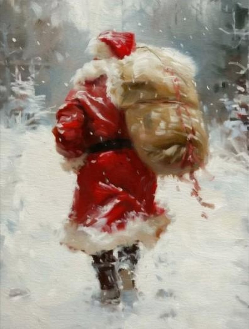 Santa's Winter Walk Canvas Print: Santa's Winter Walk Canvas Print An artwork showing Santa Claus walking through the snow carrying a brown sack. The composition captures a quiet, festive winter scene, perfect for Christmas decoration