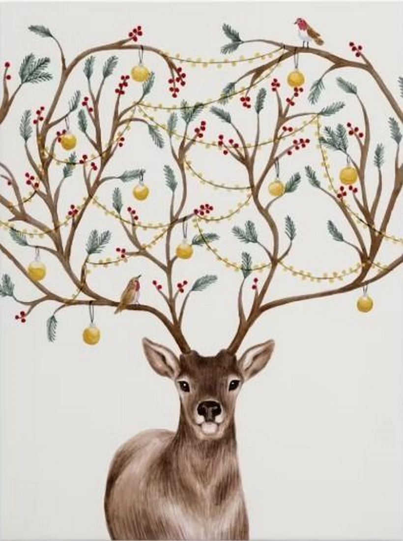 Festive Antler Deer Canvas Print: Festive Antler Deer Canvas Print An artwork showing a brown deer whose antlers transform into tree branches adorned with green leaves, red berries, yellow ornaments, and lights. Two birds perch on