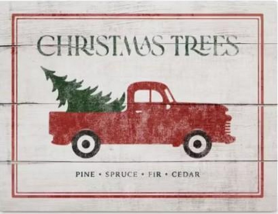 Christmas Tree Farm Canvas Print: Christmas Tree Farm Canvas Print An artwork showing a retro-style Christmas tree farm sign displayed on a red truck. The composition captures a festive, nostalgic holiday scene. The work is printed
