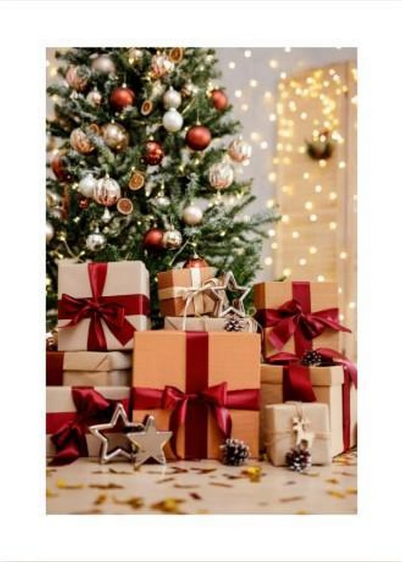 Wrapped Christmas Gifts Poster Print: Wrapped Christmas Gifts Poster Print An artwork showing wrapped presents in various sizes, shapes, and colors, adorned with ribbons and bows. In the background, a beautifully decorated Christmas tree