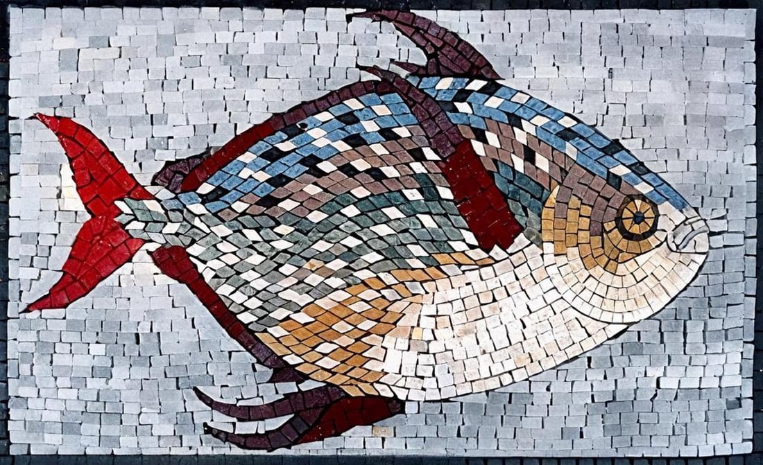 Fish Marble Mosaic Tile Art: Fish Marble Mosaic Tile Art A handcrafted rectangular mosaic made from natural marble stones. This design depicts fish in an underwater scene, arranged using a blend of brown, red, and aqua-toned ston