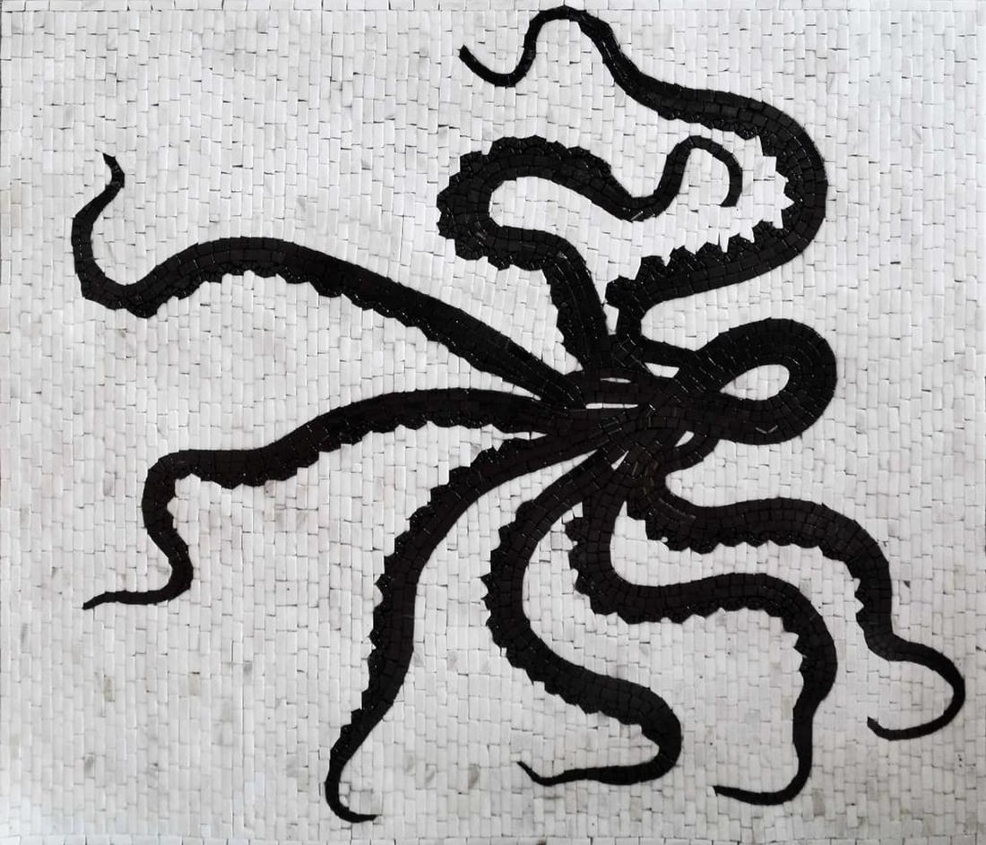 Octopus Motif Marble Mosaic Panel: Octopus Motif Marble Mosaic Panel A handcrafted rectangular mosaic made from natural marble stones. This design features an octopus motif with detailed limbs, mounted on a mesh backing. Suitable for i