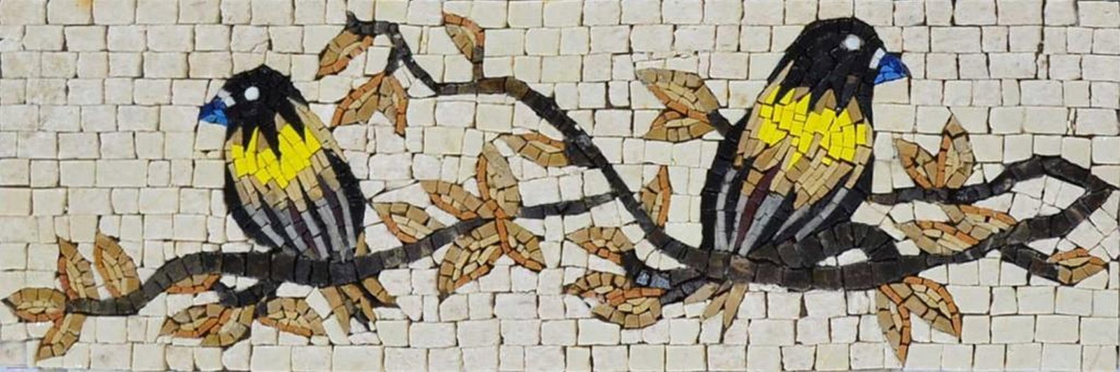 Songbird Bird Mosaic Border: Songbird Bird Mosaic Border A handcrafted rectangular mosaic made from natural marble. This design features two lively songbirds perched on a leafy branch, capturing the beauty and freedom of nature. 