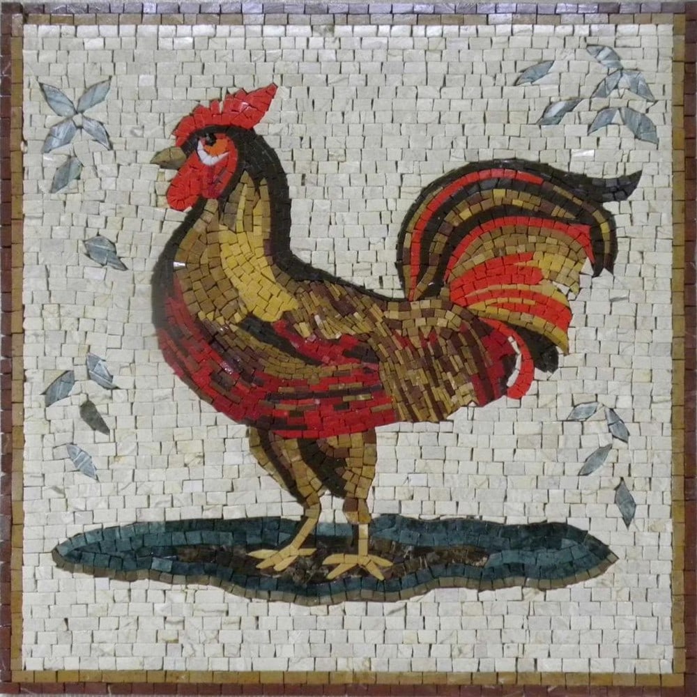 Varnished Rooster Mosaic Tile: Varnished Rooster Mosaic Tile A handcrafted square mosaic made from natural marble. This design features a vibrant rooster with intricate details and rich colors, combining playful charm with natural