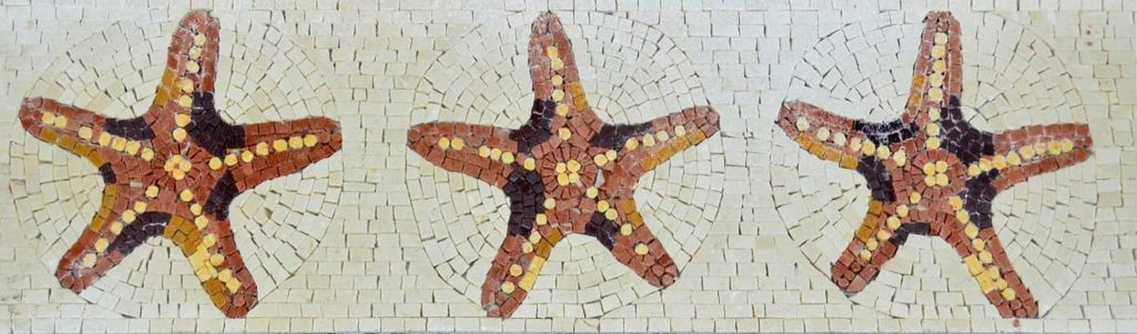 Starfish Border Mosaic: Starfish Border Mosaic A handcrafted rectangular mosaic made from natural marble. This design features intricate starfish motifs, capturing the beauty and charm of the ocean. Suitable for walls, floor