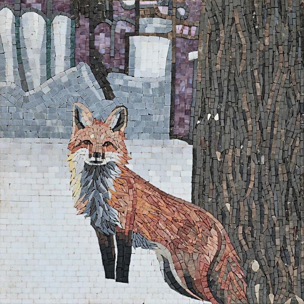 Crimson Fox Mosaic Handcrafted Marble Art: Crimson Fox Mosaic Handcrafted Marble Art A handcrafted square mosaic made from natural marble. This design features a detailed fox motif, capturing the animal's graceful posture, alert expression, an