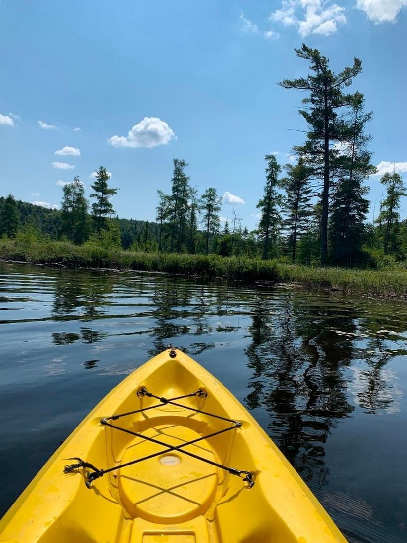 River Journey: River Journey Bring the serenity of a riverside adventure into your home with this exclusive hand-painted canvas opportunity. The photograph captures the front of a bright yellow kayak gliding along