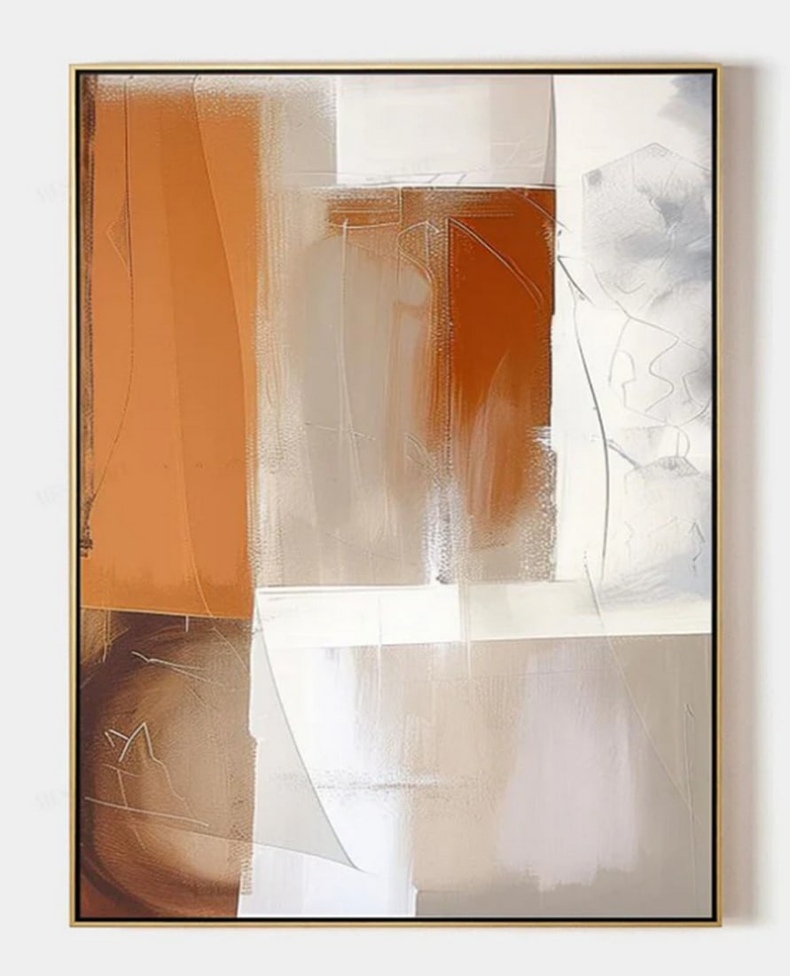 Layered Reflections Contemporary Minimalist Painting: Layered Reflections Contemporary Minimalist Painting This abstract painting presents a textured interplay of warm and neutral tones, creating a sense of depth and movement. Earthy hues of orange,