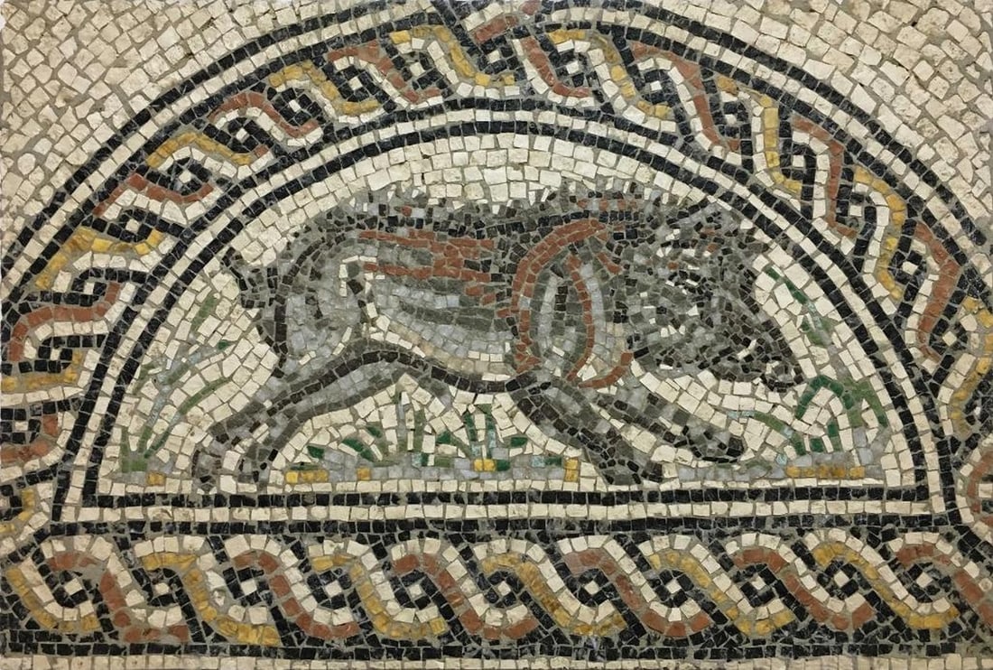 Boar from the Seasons of the Year Mosaic: Boar from the Seasons of the Year Mosaic The Boar from the Seasons of the Year Mosaic is in the wide collection of Mythological Mosaics. This masterpiece is an entirely handmade mosaic reproduction cr