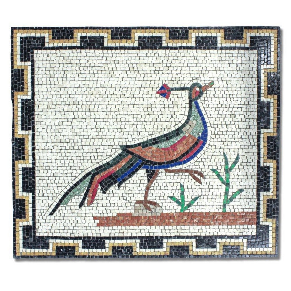 Pheasant from the House of Birds Mosaic: Pheasant from the House of Birds Mosaic The Pheasant from the House of Birds Mosaic illustrates a pheasant on the ground with geometric forms on the border. This masterpiece is an entirely handmade