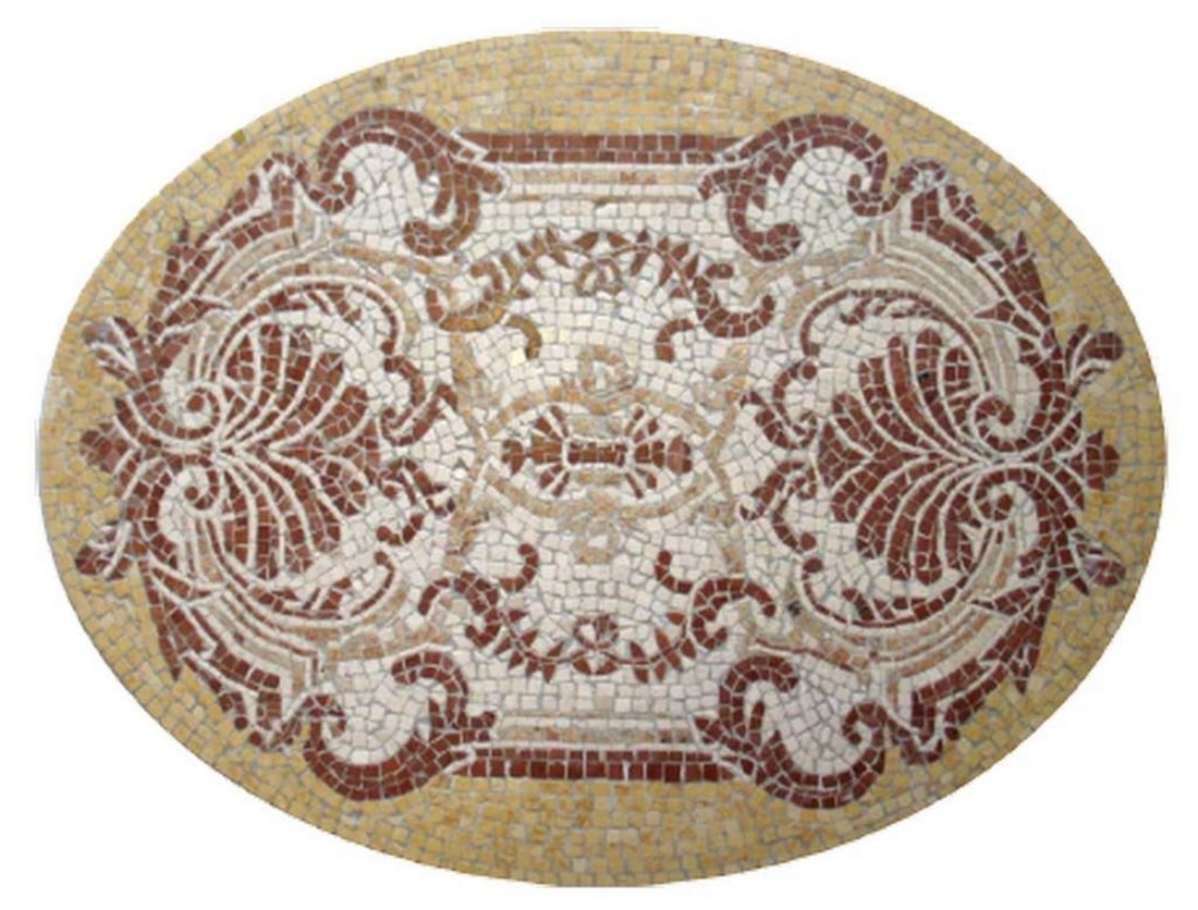 Acanthus Oval: Geometric Mosaic Design: Acanthus Oval: Geometric Mosaic Design The Acanthus Oval mosaic features an elegant geometric pattern inspired by the classic acanthus leaf motif, arranged within a graceful oval shape. This timeless