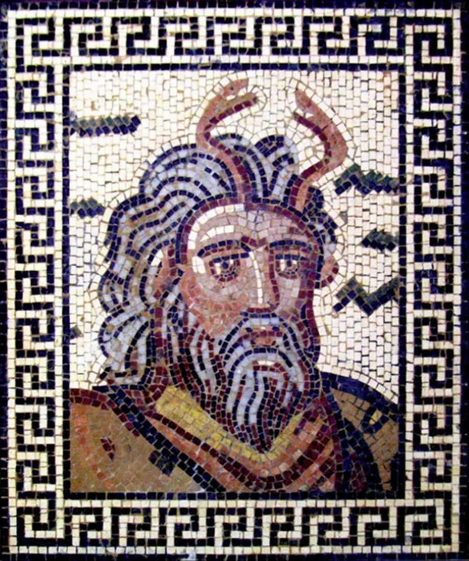 Neptune: Lord of the Sea Mosaic: Neptune: Lord of the Sea Mosaic Depicted with commanding presence and timeless artistry, Neptune: Lord of the Sea Mosaic celebrates the Roman god of the oceans, freshwater, and horses. A powerful