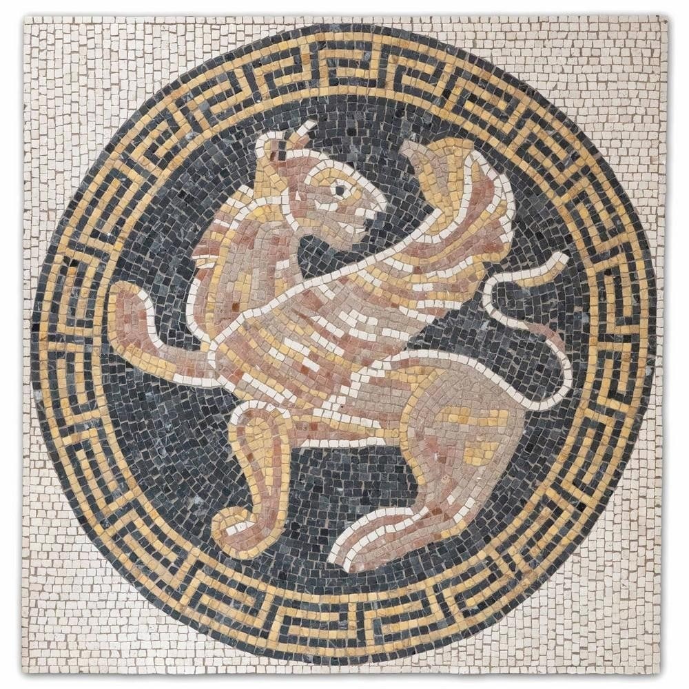 Winged Lion: Guardian of Myth Mosaic: Winged Lion: Guardian of Myth Mosaic A powerful emblem drawn from ancient and medieval mythology, the Winged Lion represents strength, wisdom, and protection. This hand-crafted mosaic features the