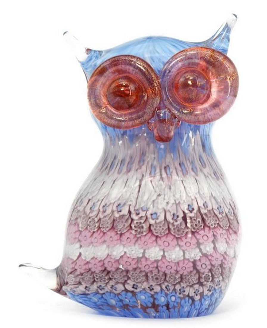 Murano Owl Figurine with Gold Leaf and Murrine: Murano Owl Figurine with Gold Leaf and Murrine From the Lallero Collection, this Murano glass owl combines the ancient murrine technique with accents of 24K gold to create a striking and expressive