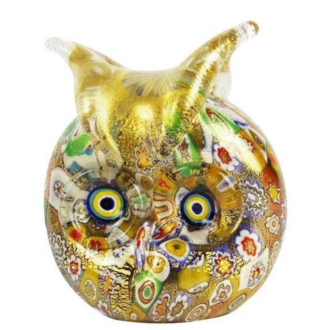 Murano Glass Owl Figurine: Murano Glass Owl Figurine Rich in symbolism and detail, this Murano glass owl figurine is adorned with vibrant murrine patterns and shimmering gold accents. Handcrafted with precision, its expressive