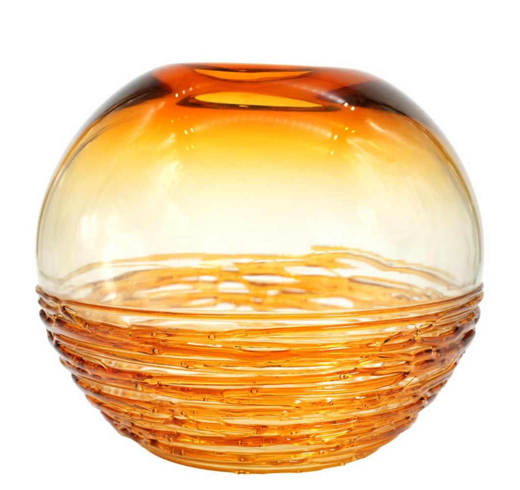 Filante Amber Murano Glass Bowl Vase: Filante Amber Murano Glass Bowl Vase The rich amber hues cascading through this blown glass napkin vase create a captivating effect reminiscent of flickering flames. Transforming a functional item
