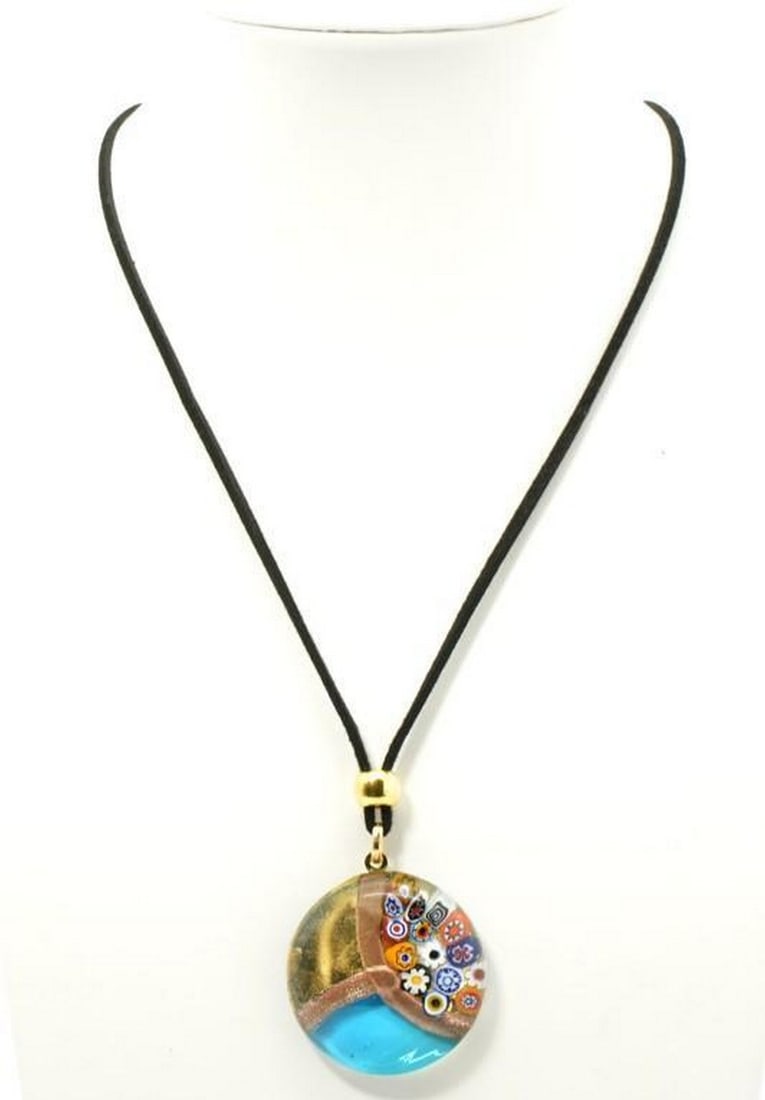 Raffaello Light Blue & Gold Pendant Necklace: Raffaello Light Blue & Gold Pendant Necklace This stunning pendant necklace is handmade in Murano glass with the fusion glass technique, with 24k gold leaf and murrine. This pendant simple and easy