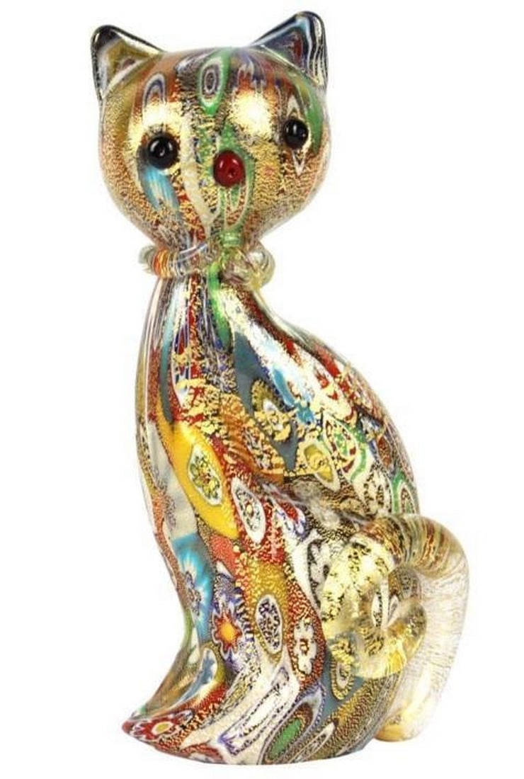 Murano Mosaic Cat with Gold Accents: Murano Mosaic Cat with Gold Accents Elegant and full of personality, this Murano glass cat figurine features a dazzling coat of millefiori murrine and delicate gold accents. Handcrafted by skilled