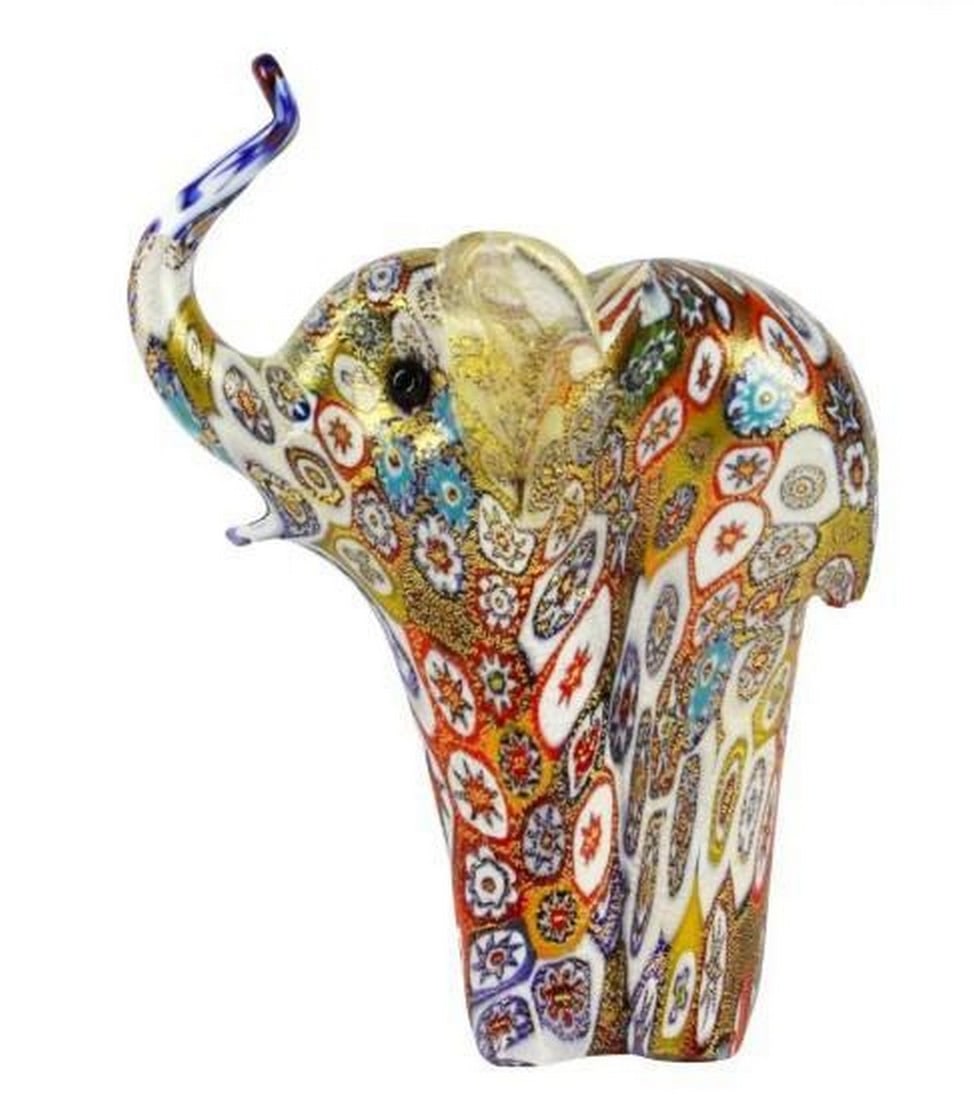 Golden Millefiori Elephant: Golden Millefiori Elephant Majestic and full of charm, this Murano glass elephant figurine is adorned with intricate millefiori murrine and shimmering gold accents. Handcrafted by master artisans,