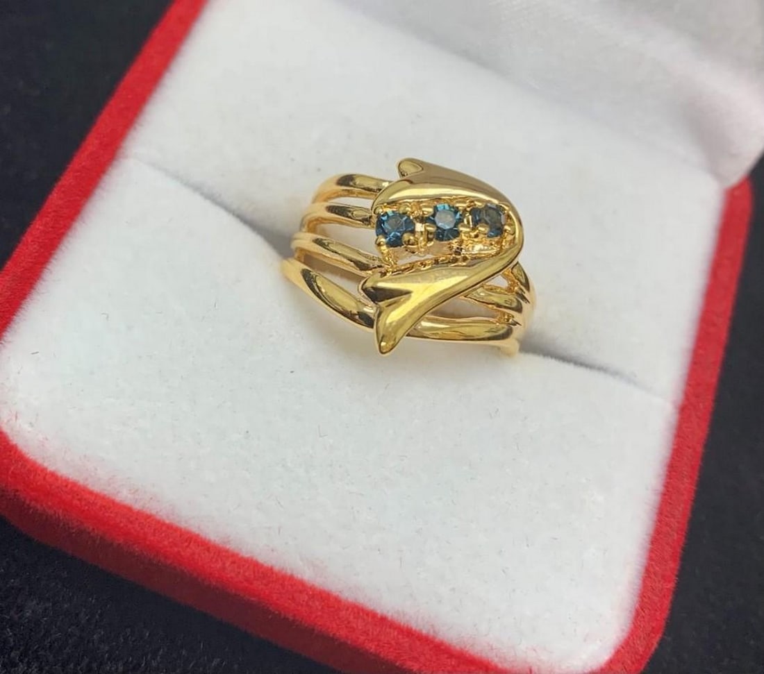 Gold Ring Inset 3 Blue Gemstones On A Woven Banded Crown: Gold Ring Inset 3 Blue Sapphire Gemstones on a Woven Banded Crown. Sapphires are known to be the wisdom stone that improves one's concentration, creativity, and provokes deep thinking. It is said to