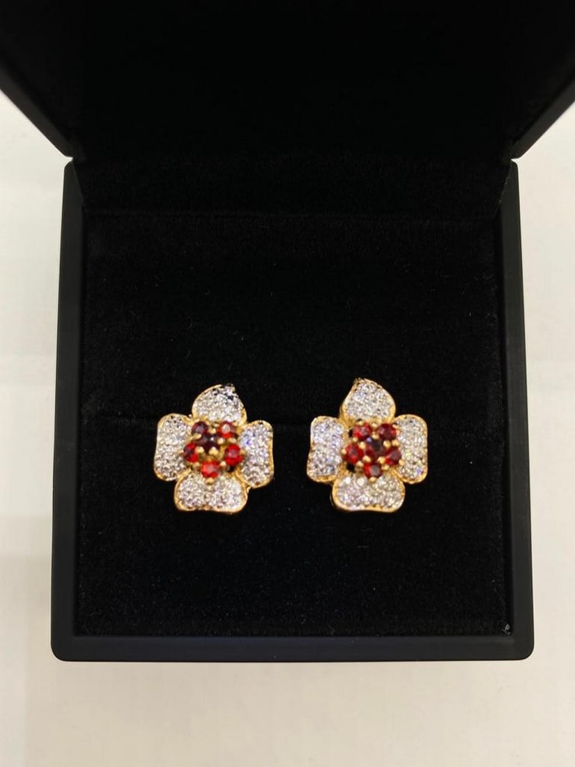 Bold and Beautiful 18KTEP Yellow Gold and Austrian Crystal Earrings: Bold and Beautiful 18KTGP Yellow Gold and Austrian Crystal Earrings Decorated with clear and red Austrian crystals in a prong setting, with a stud backing.Made in Israel. Genuine Natural High
