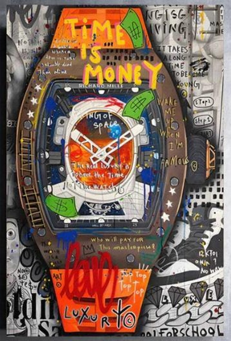 Abstract Graffiti Watch Canvas Print: Abstract Graffiti Watch Canvas Print A bold fusion of street art and symbolism, this canvas artwork features an abstract watch layered with vibrant graffiti textures and spontaneous, hand-scrawled say