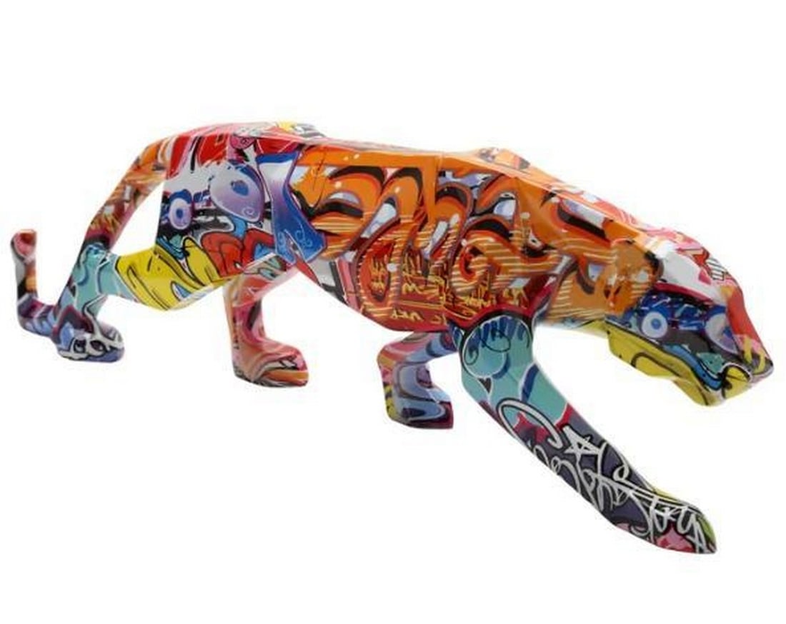 Graffiti Panther Resin Sculpture: Graffiti Panther Resin Sculpture Sleek, powerful, and ready to pounce, this crouching panther sculpture is a masterful blend of elegance and edge. Cast in high-quality resin, the feline form is