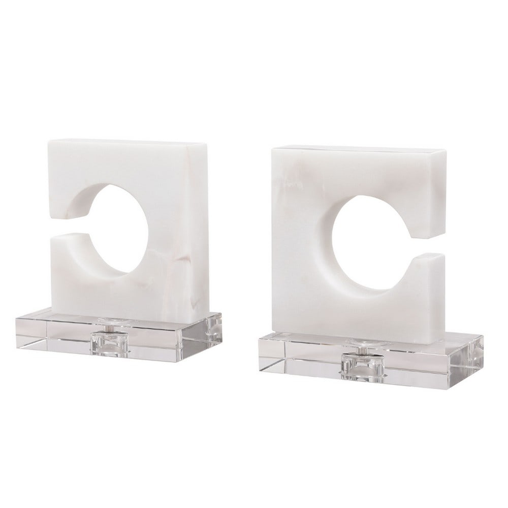 "Crescent" Clarin Collection Bookends: "Crescent" Clarin Collection Bookends These contemporary bookends showcase a modern, minimalist design where sleek white and gray marble motifs are enhanced by refined crystal accents, offerin