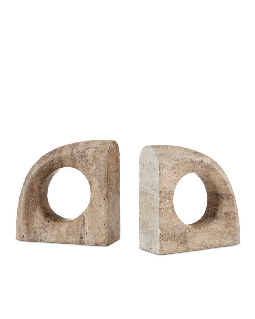 "Natural" Russo Collection Bookends: "Natural" Russo Collection Bookends Introducing the Russo Travertine Object Set - an ensemble of sculptural pieces crafted from titanium travertine that showcase dynamic, swirling patterns, el