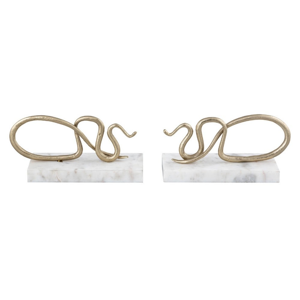 "Polished Brass" Snake Collection Bookends: "Polished Brass" Snake Collection Bookends Introducing the Snake Bookends - a pair of abstract, serpentine brass sculptures elegantly mounted on pristine white marble bases. These striking pie