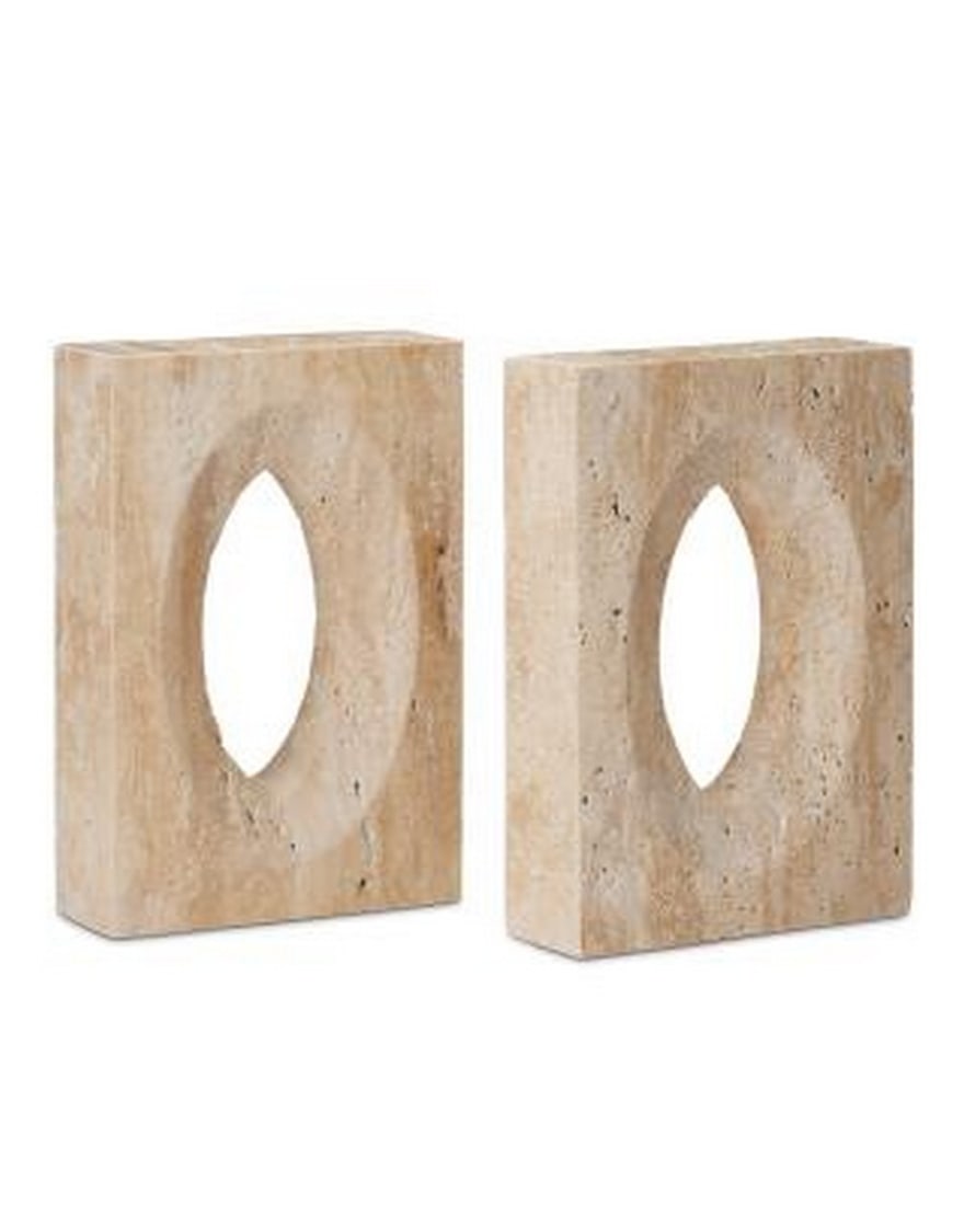 "Demi" Russo Collection Bookends: "Demi" Russo Collection Bookends The Demi Travertine Bookends Set comprises two versatile decorative pieces that can serve as independent sculptural objects or as stylish bookends. Crafted fro