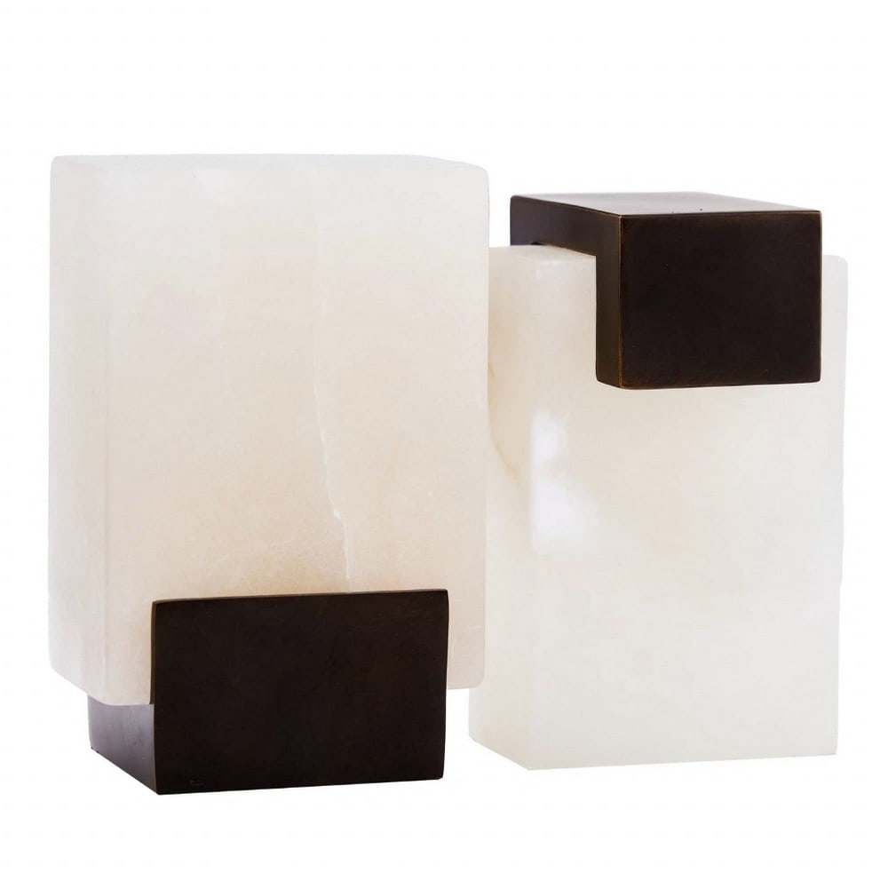 "White" Tolliver Collection Bookends: "White" Tolliver Collection Bookends Discover the beauty of elemental geometry with our White Alabaster and Bronze Steel Bookends. Designed for versatile display, these pieces function