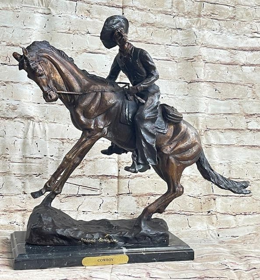 Inspired Frederic Remington Cowboy Bronze Statue Sculpture Country Western Art 17" x 21": Frederic Remington Cowboy Bronze Statue Sculpture Country Western Art 17" x 21" Step into the rugged world of the Old West with this captivating bronze sculpture that captures a seasoned cowbo