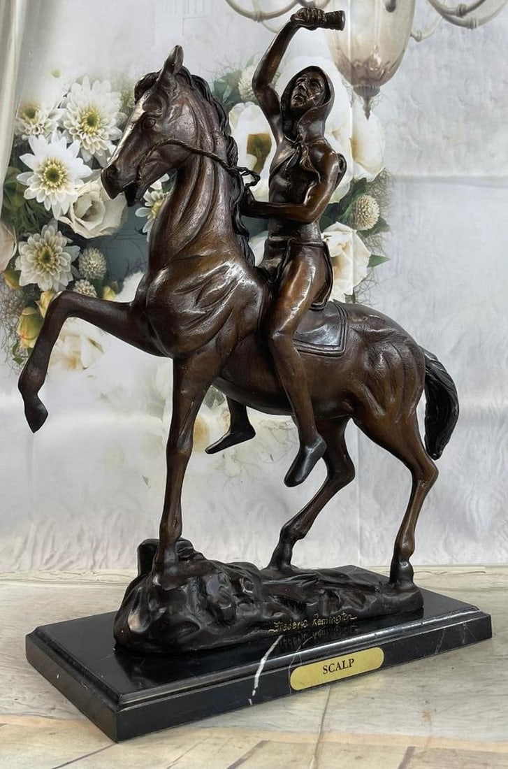 Frederic Remington Inspired 'Scalp' Bronze Sculpture - 19" x 21": Frederic Remington Inspired 'Scalp' Bronze Sculpture - 19" x 21" The Scalp is a striking bronze sculpture figurine inspired by the artwork of Frederic Remington, a renowned American artist and