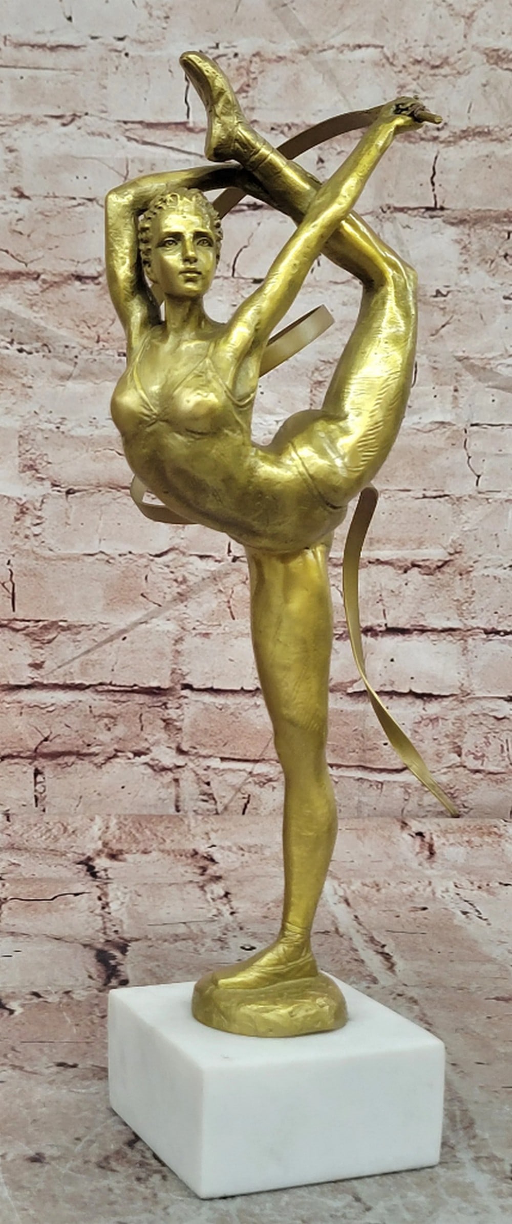 Elegant Arabesque Gymnast Dancer Gilded Bronze Sculpture - 13.5" x 7": Elegant Arabesque Gymnast Dancer Gilded Bronze Sculpture - 13.5" x 7" This original bronze sculpture beautifully captures a graceful gymnast or dancer in a classic arabesque pose, showcasing e