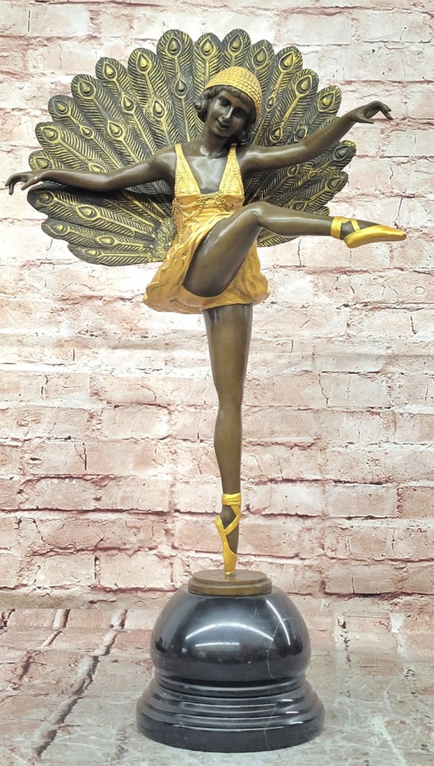 Art Deco Dancer Bronze Sculpture Peacock Feather Backdrop: Art Deco Dancer Bronze Sculpture Peacock Feather Backdrop Custom Crafted Bronze Sculpture Inspired By The Elegance Of The Art Deco Era, Featuring A Graceful Dancer In Motion Framed By A Stunning Peaco