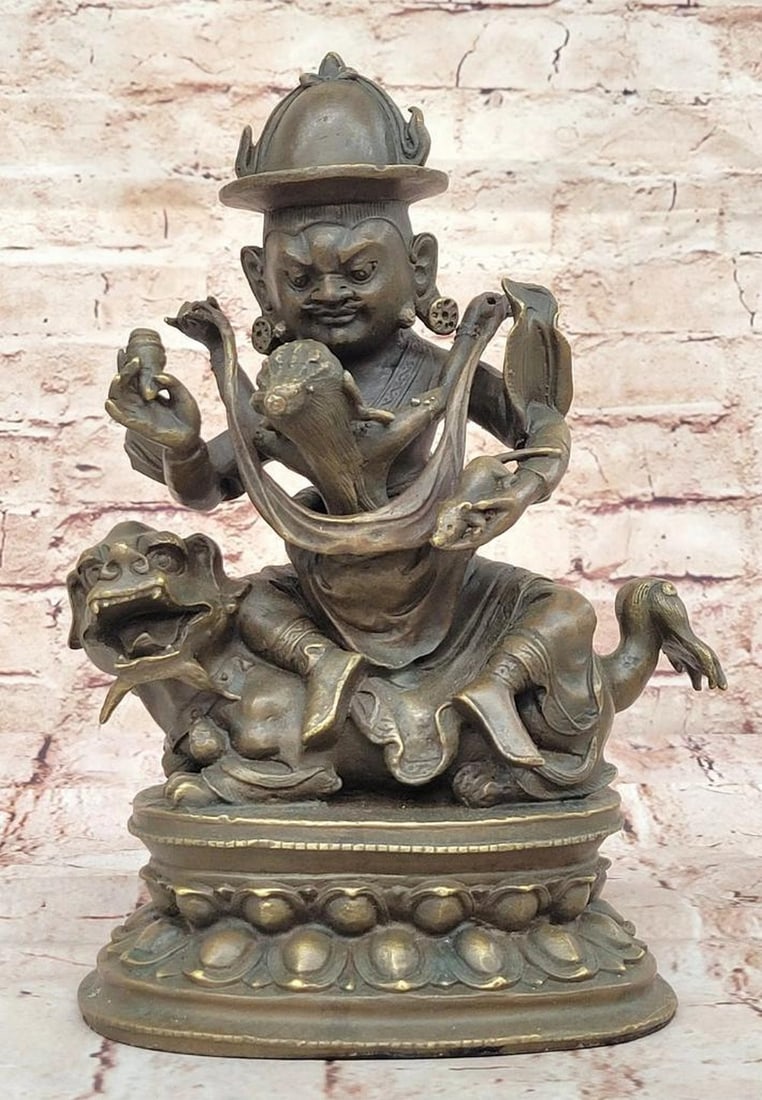 Bronze Tibetan Deity Sculpture - Buddha on Foo Dog Guardian - 11" x 8" (1 of 6)