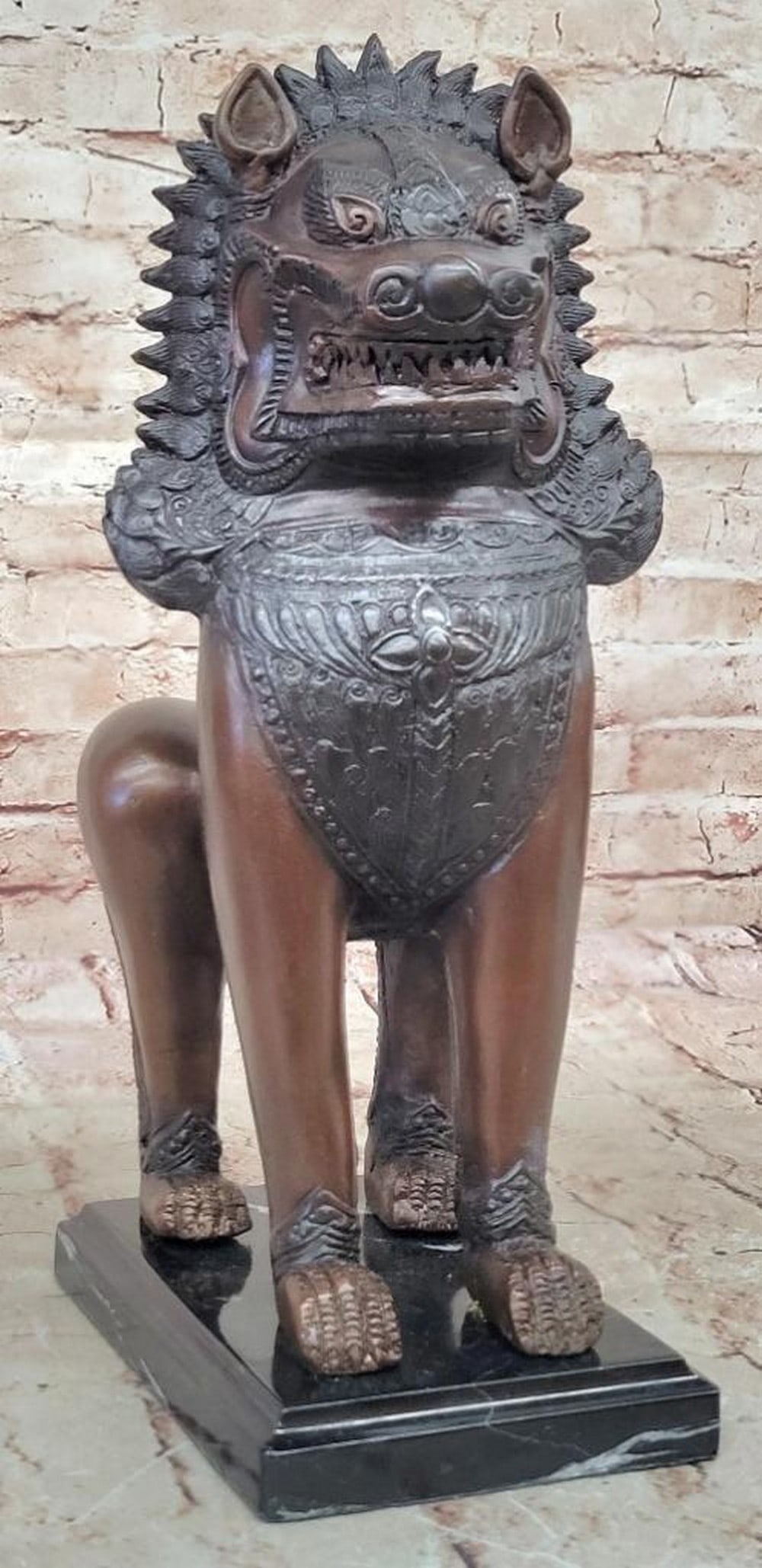 Bronze Foo Dog Guardian Statue on Marble Base - 14" x 7": Bronze Foo Dog Guardian Statue on Marble Base - 14" x 7" Original bronze sculpture depicting a Foo Dog guardian lion inspired by the Rattanakosin period of Thailand. Crafted using the lost wax