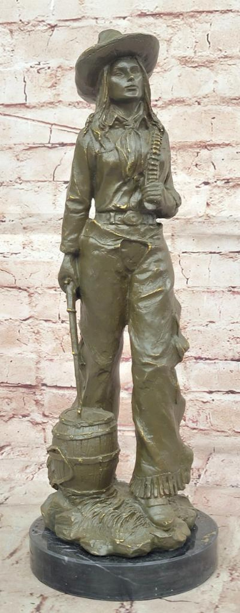 Original American Western Bronze Cowgirl Sculpture by Milo - 16.5" x 5.5": Original American Western Bronze Cowgirl Sculpture by Milo - 16.5" x 5.5" This limited edition bronze sculpture by acclaimed artist Milo captures the bold spirit of the American frontier throu