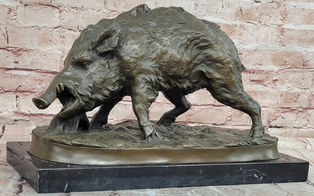 Bronze Sculpture of Wild Boar on Marble Base - 9.5" x 15.5": Bronze Sculpture of Wild Boar on Marble Base - 9.5" x 15.5" Introducing a Bronze Sculpture: This composition depicts a powerful wild boar, capturing the strength, resilience, and untamed chara